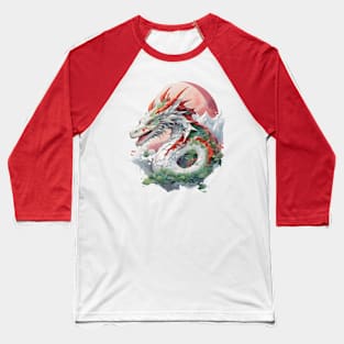 The illustration of the dragon sitting on the mountain surrounded by leaves and clouds Baseball T-Shirt